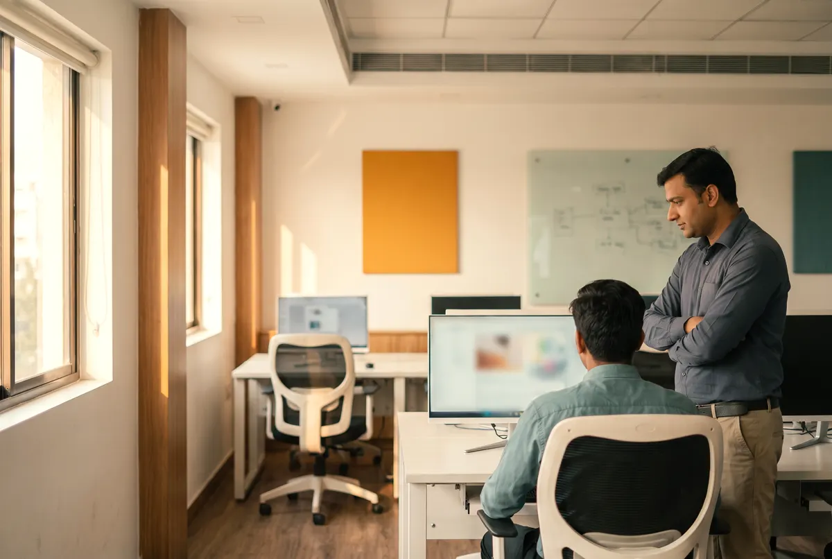 An instructor reviews a student's finished project at a workstation — the assessment that earns the certificate