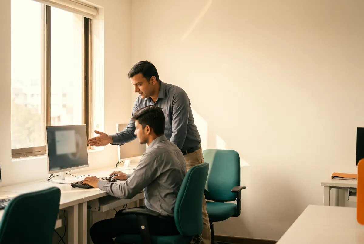 A student's first morning at the institute — seated at a workstation while an instructor welcomes them