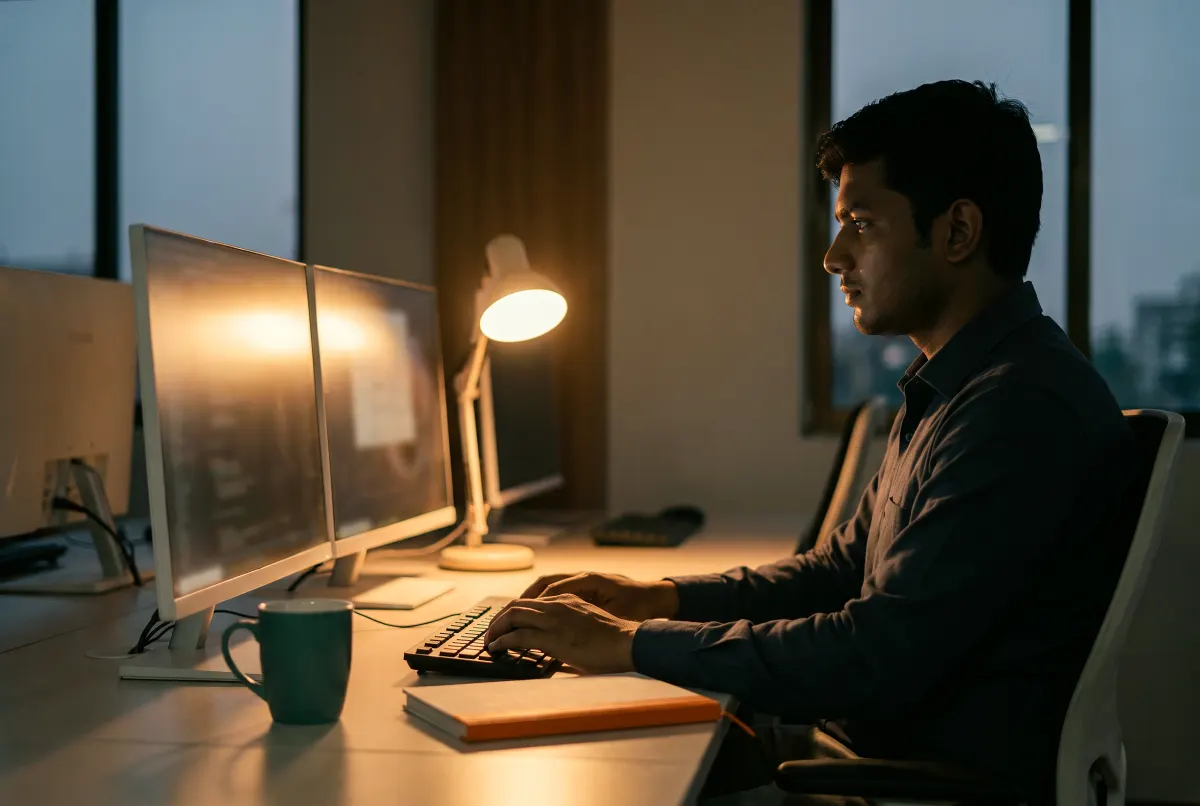 An advanced learner working at a dual-monitor workstation by lamplight — the level employers expect