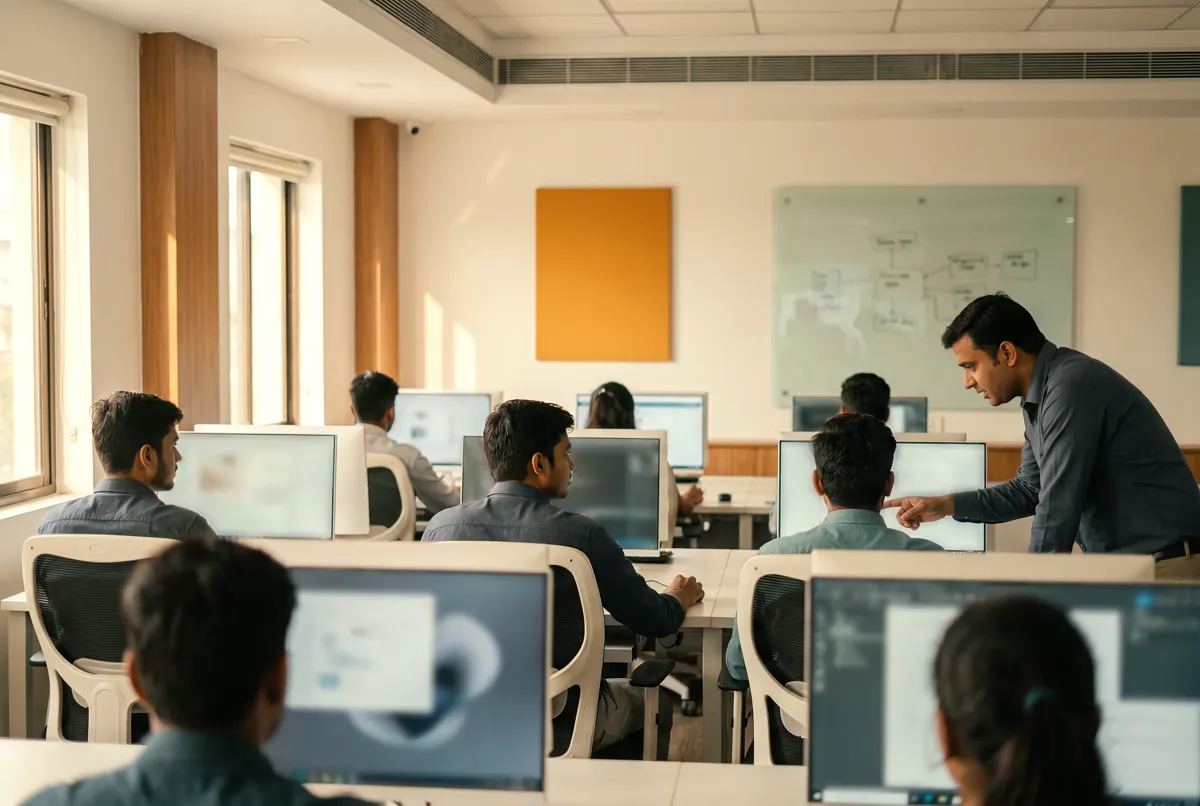 A training room at the institute: students at modern workstations while an instructor guides one of them at a screen