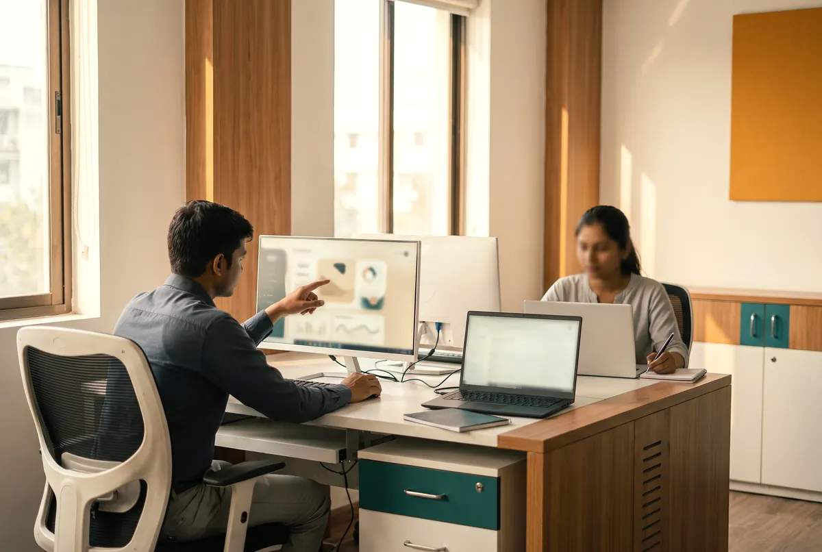 A working session at the practice: two engineers reviewing a dashboard on a large monitor in a modern office